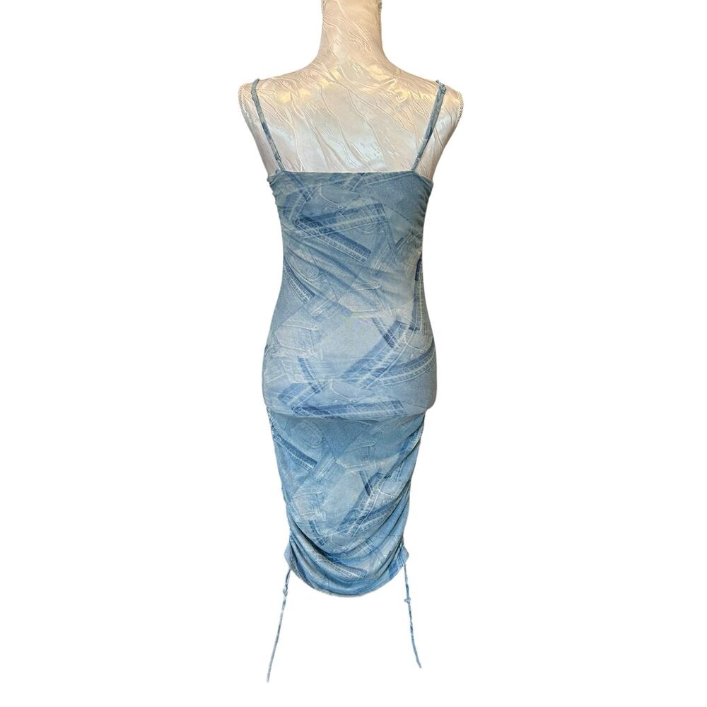 Good American Denim Print Stretch Midi Dress Ruched Coquette Size 1 - Picture 3 of 15